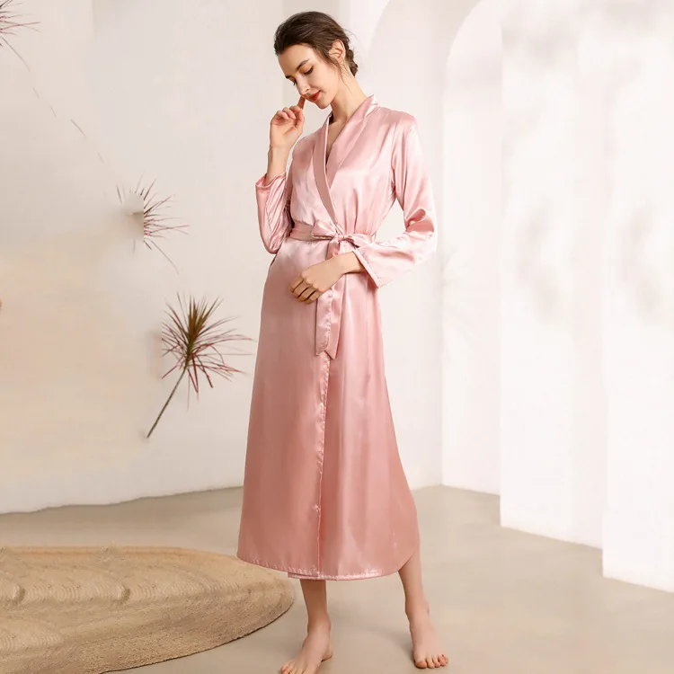 Imitation silk sleepwear women's lapel long nightgown women's sexy sleepwear bathrobe home wear