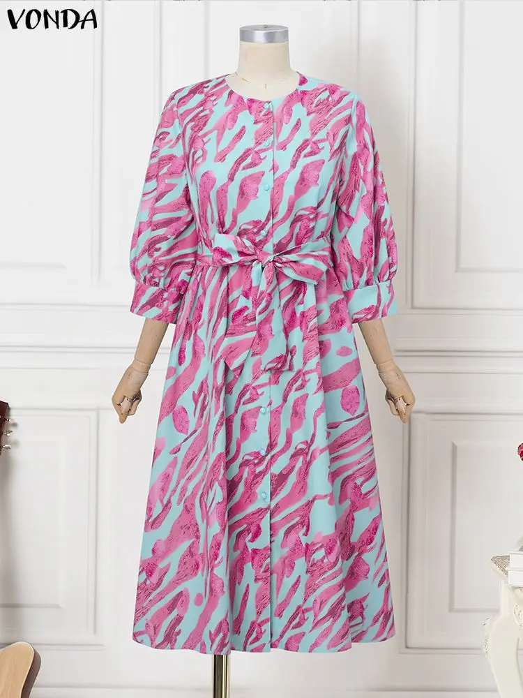 VONDA Plus Size Dresses Women Bohemian Print Midi Sundress Autumn 3/4 Sleeve Belted Casual Long Robe O-Neck Holiday Vestidos 5XL