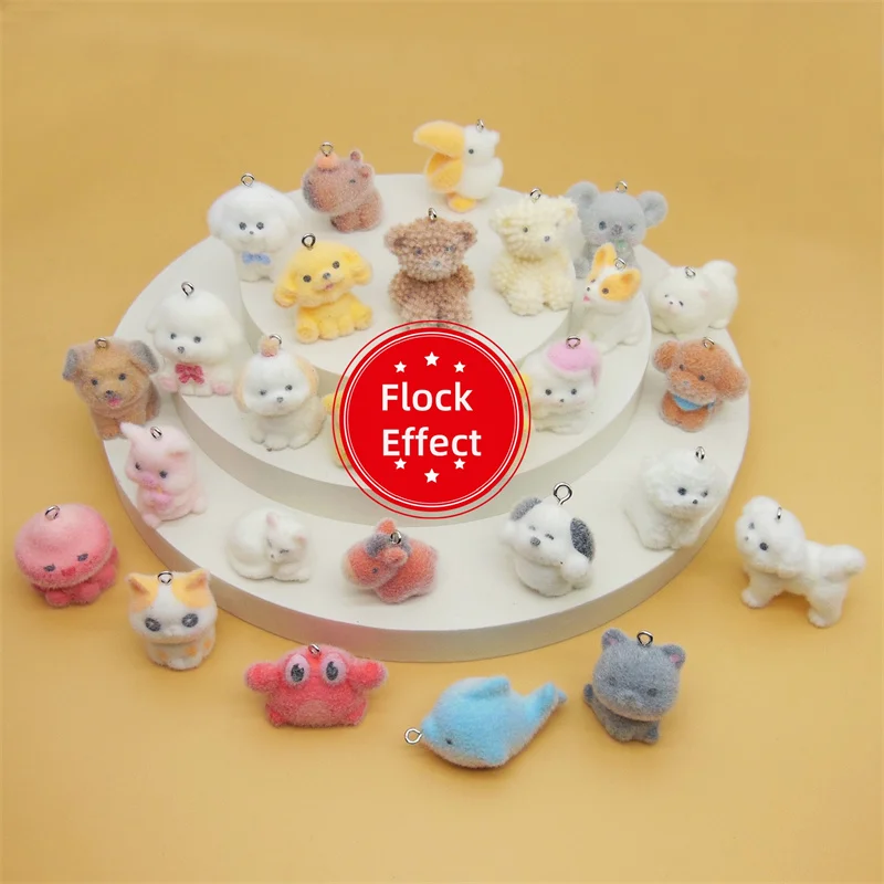 Wholesale 30pcs/lot color Flock Effect animals cartoon pets shape resin dolls beads charms diy jewelry garment pendant accessory