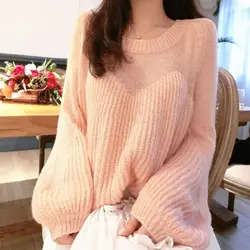 Knitted Sweaters for Women Loose Pink Coquette Round O Neck Splicing Female Pullover Offers Attractive Winter 2024 Long Sleeve