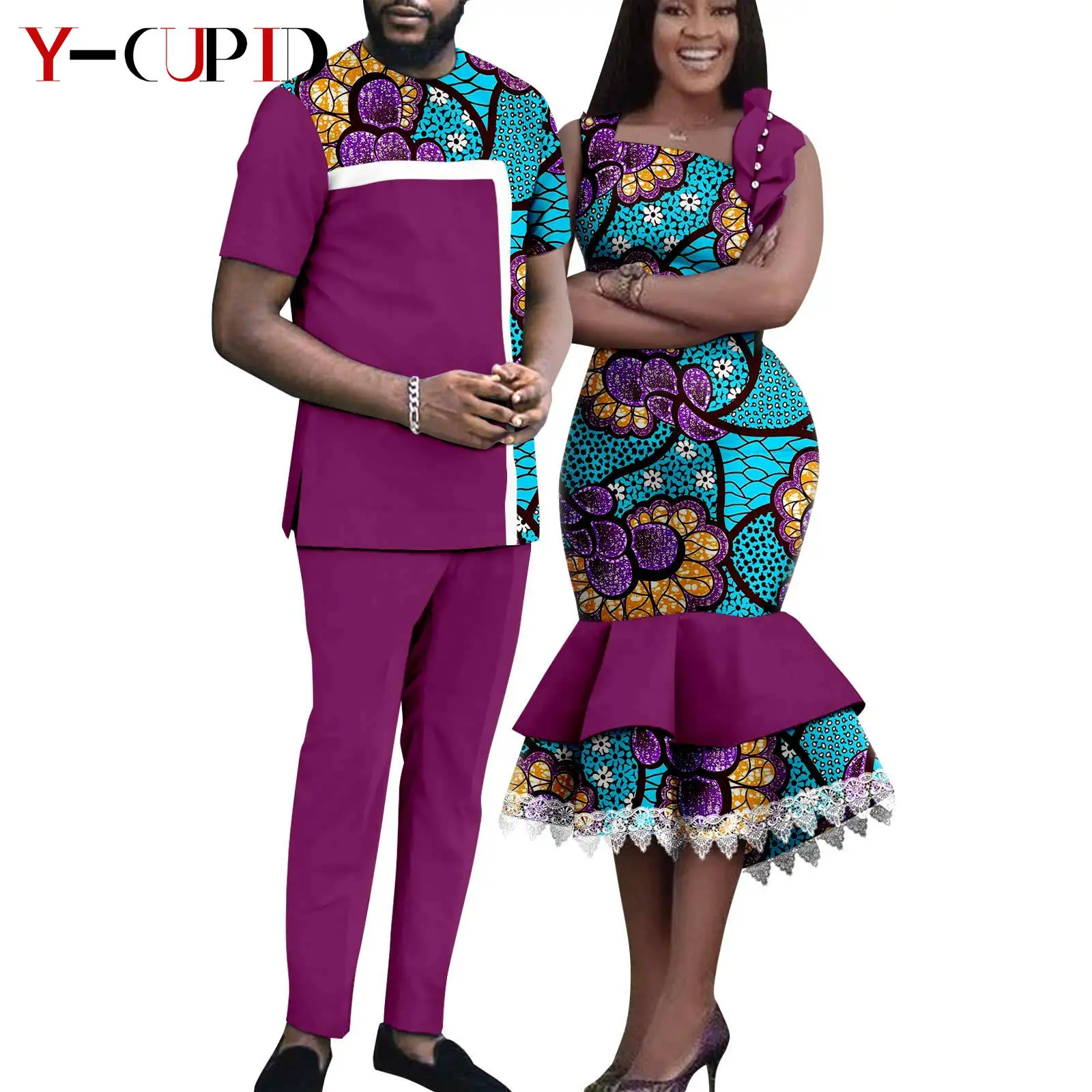 African Matching Outfit for Couples Dashiki Summer Women Ruffles Dresses Bazin Riche Men Patchwork Top and Pant Sets Y23C055