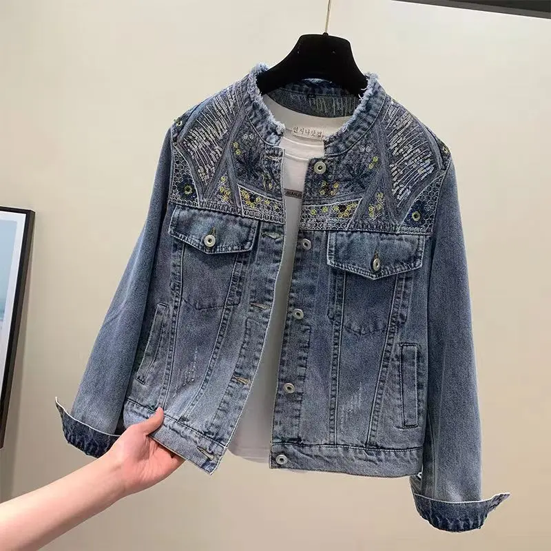 Vintage Beaded Women Bomber Jacket Autumn Embroidered Denim Jackets Blue Coat Turn-down Collar Outerwears Washed Jaqueta Jeans