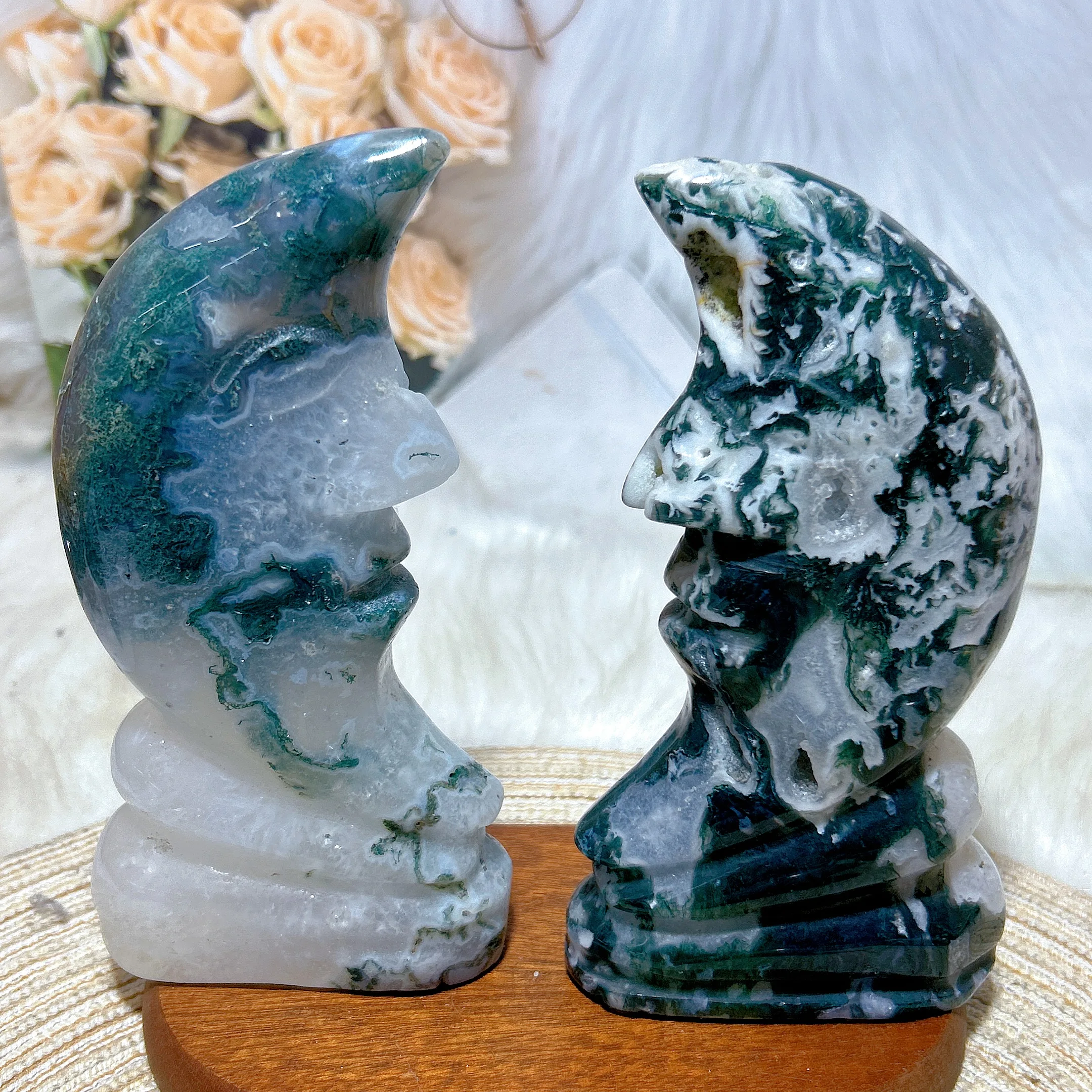 Healing Natural Crystal Moss Agate Moon Face Big Carving Polished Gemstones Energy Reiki Ore Home Decorations Room Decor Gift