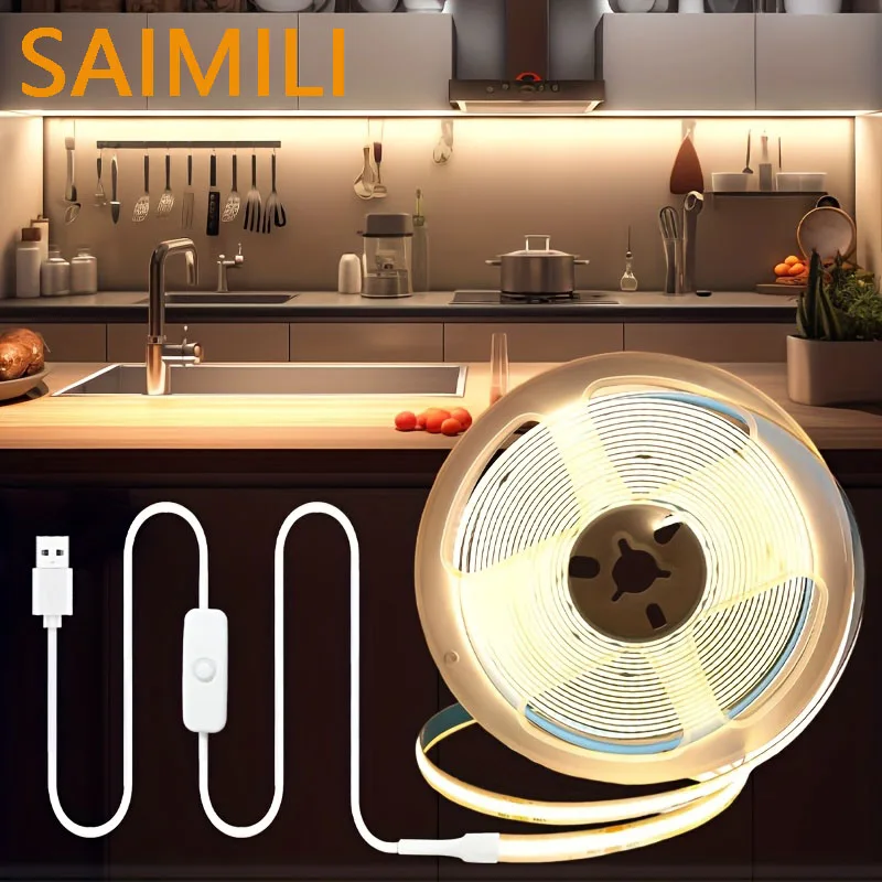 COB LED Lights Flexible Diode Tape COB Lights Strip 5V USB Powered with Push-button Control for Cabinets TV Backlight Room Decor