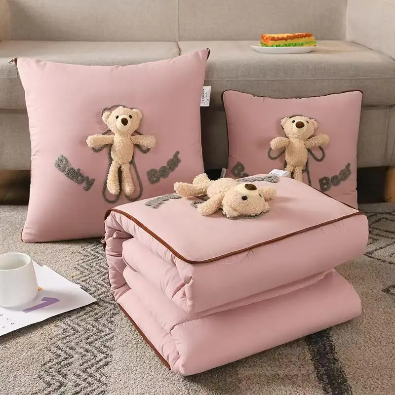 3D Cartoon Bear Cushion & Quilt 2-in-1: Multi-functional for Car and Sofa (Four Seasons Design)