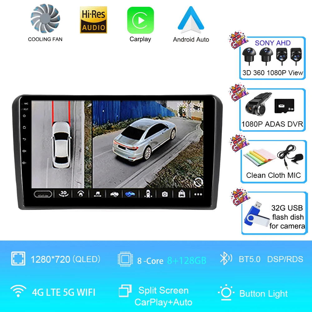 Android 16 Carplay Auto voor Audi A3 8P 2003-2013 autoradio 2din multimediaspeler GPS navigatie audio stereo DSP 360 camera 4G