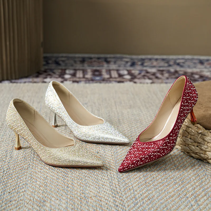 Luxury Diamond-encrusted Wedding Shoes Female Bride High Heels Pointed Toes Soft Comfortable Thin Heels Single Shoes 6.5cm