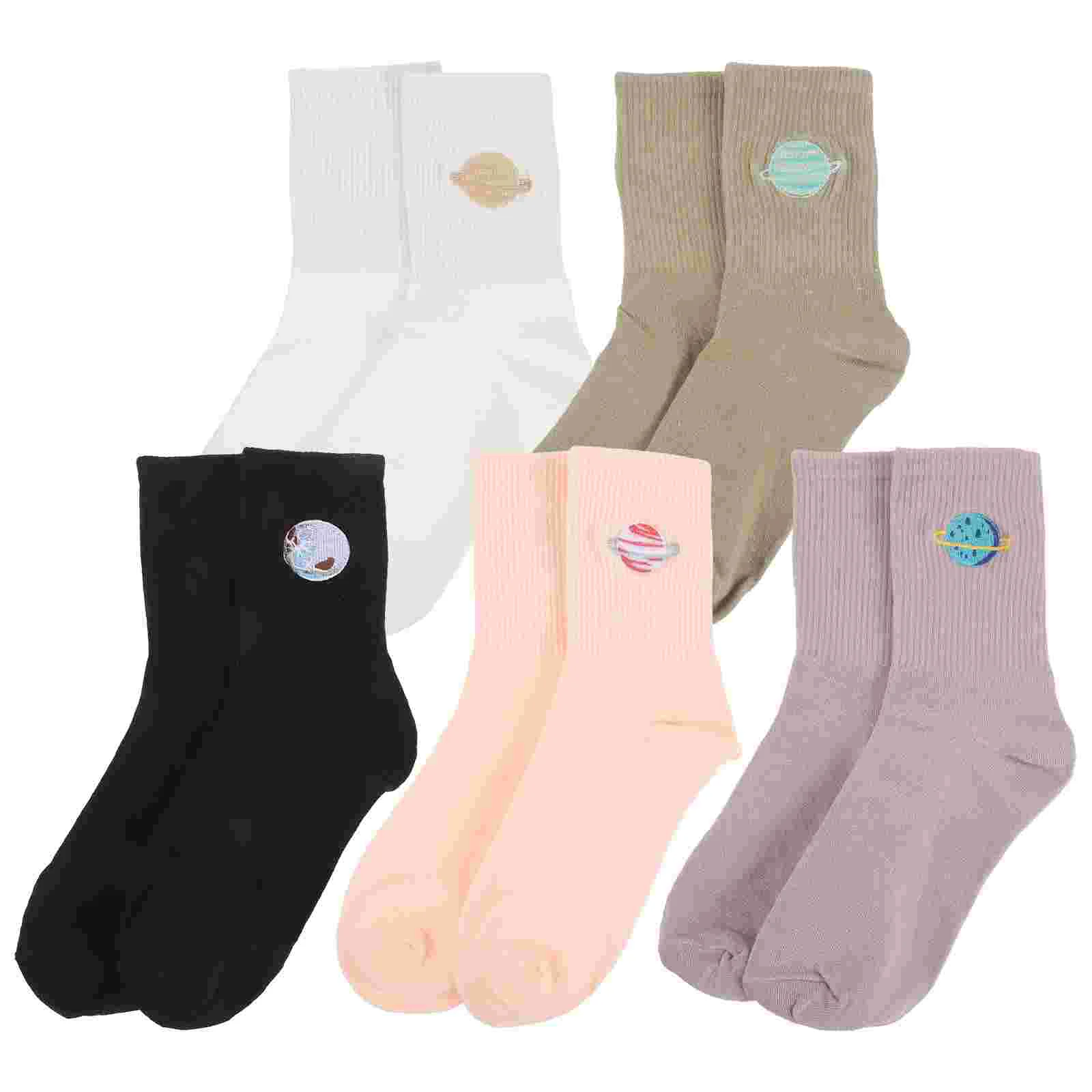 

5 Pairs Ladies Planet Socks Cotton for Women Stockings Combed Mid-tube Lovers Adults