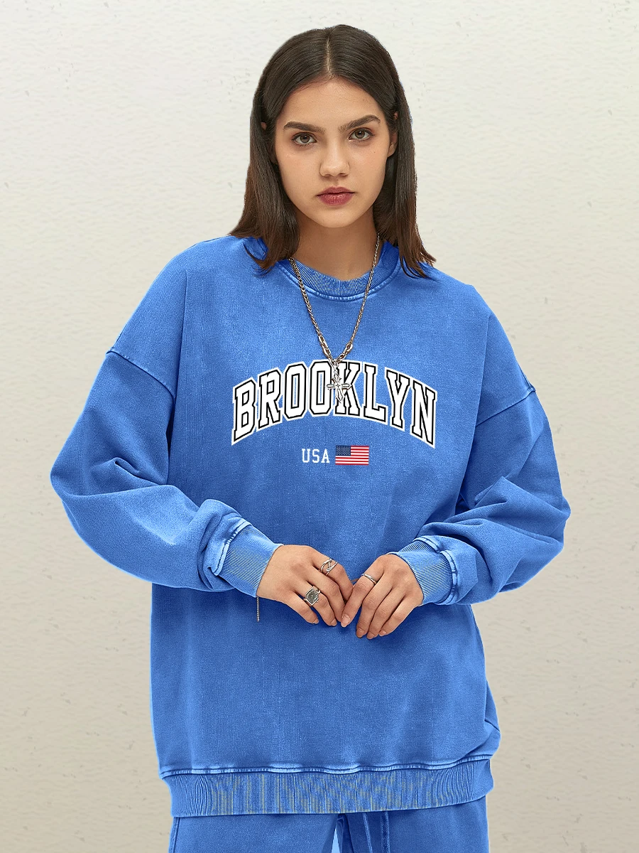 Brooklyn Usa Letter Pattern Woman Washed Cotton Streetwear Autumn Casual Tops Snow Wash Y2K Sweatshirt Couple Fashion Clothes