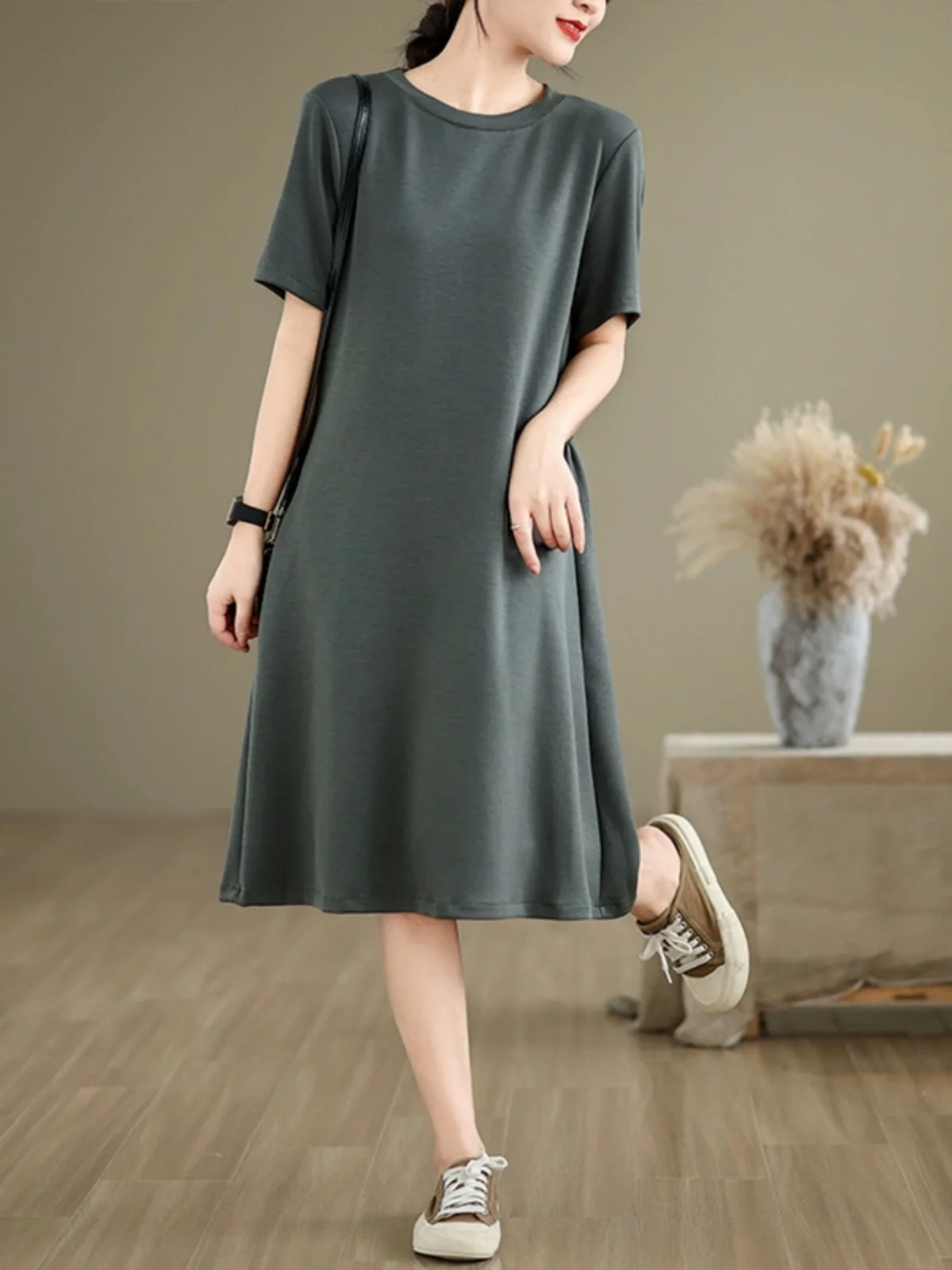 Été nouveau ey t-shirt style décontracté Dr femmes taille haute coton jupe mi-longue effet minceur Faionable een couleur dame Sle