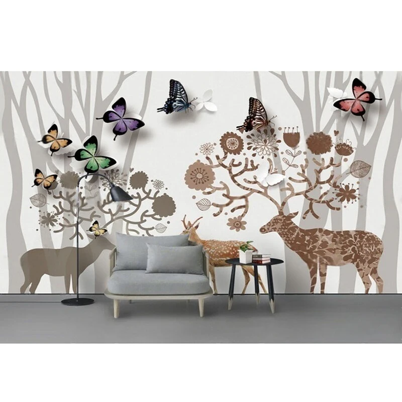 Modern Forest Deer Butterfly Natural Rural Scenery Retro Countryside Hand-Painted Colorful Corridor Walls Cabinets Custom-Made
