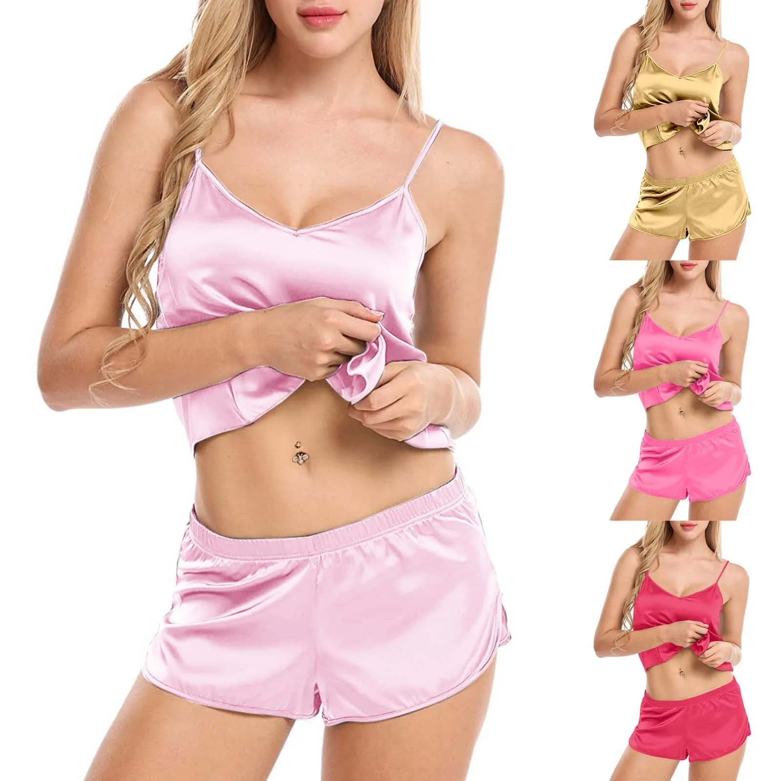 Women’s Sexy Solid Color Lingerie Sleepwear Satin Silk Camisole Shorts Pajamas Set Summer Breathable Soft Lose V-Neck Home Wear