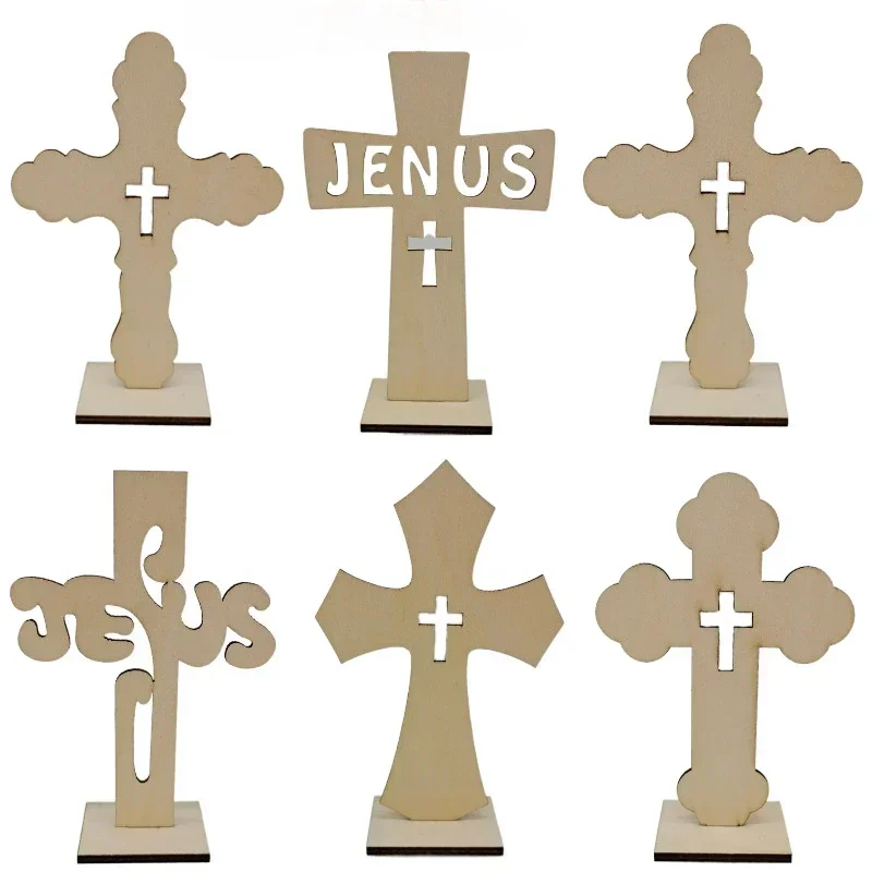 

6pcs Cross Wood DIY Crafts Cutouts Wooden Cross Shaped Hanging Ornaments Wood Tags for Easter Halloween Holiday Party