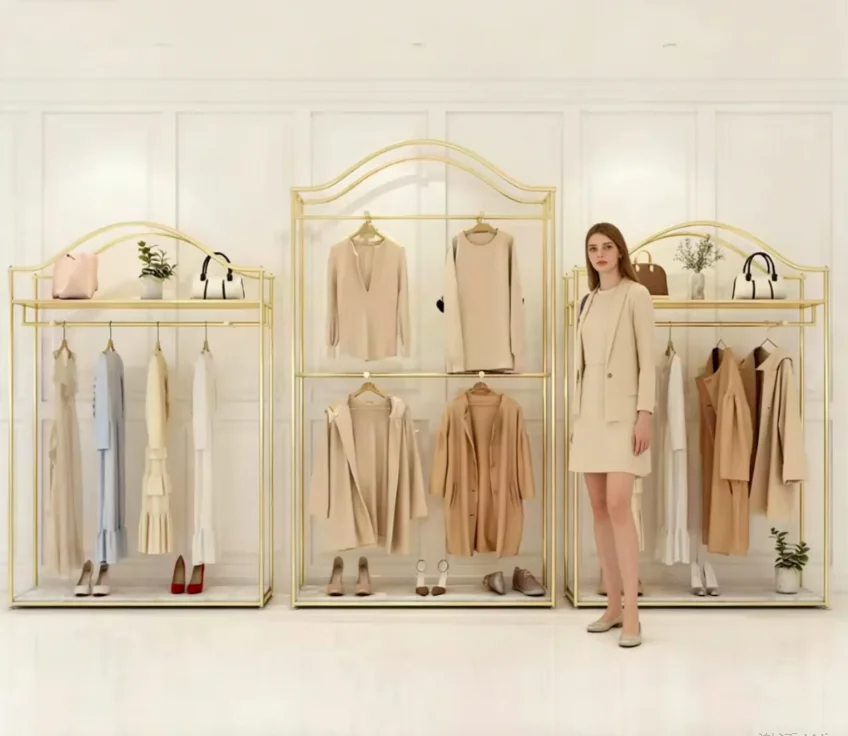 

Стеллаж для демонстрации товаров в магазине: Элегантная двухуровневая напольная вешалка для женской одежды с боковым креплением, золотистая напольная витрина-шкаф