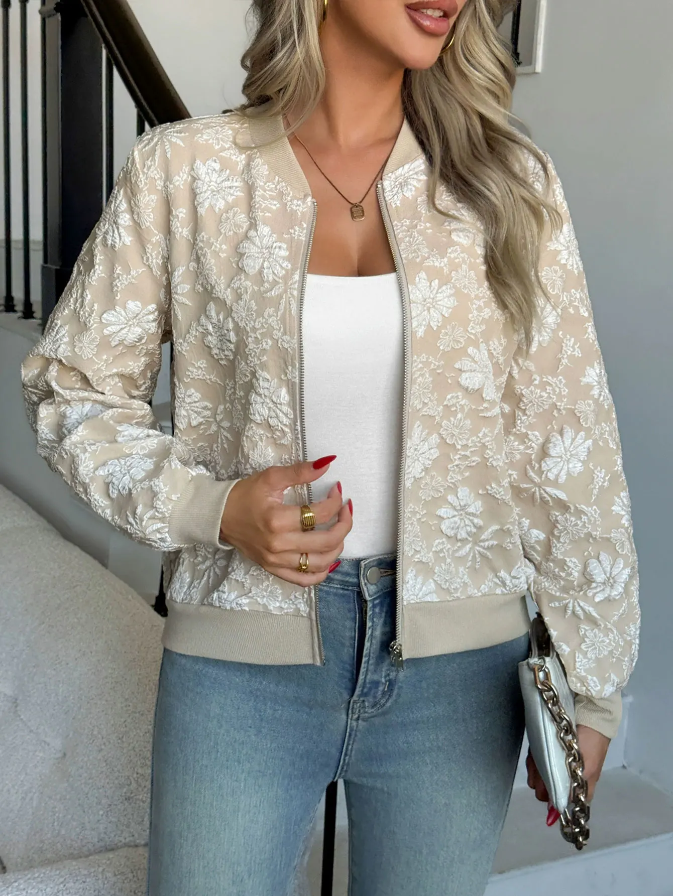 

Женская элегантная куртка с полным принтом и длинным рукавом с бейсбольным воротником, уличная одежда, осенняя верхняя одежда, стандартный крой