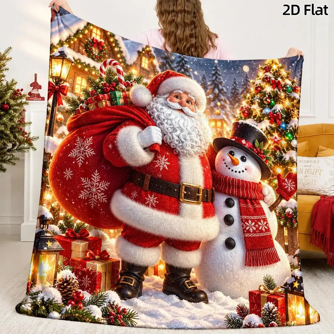 1pc 2D Flat DIY Coloring Throw Blanket, Snowman & Christmas Tree Line Art, Oil Painting Santa with Red Gold Snowflakes Decor
