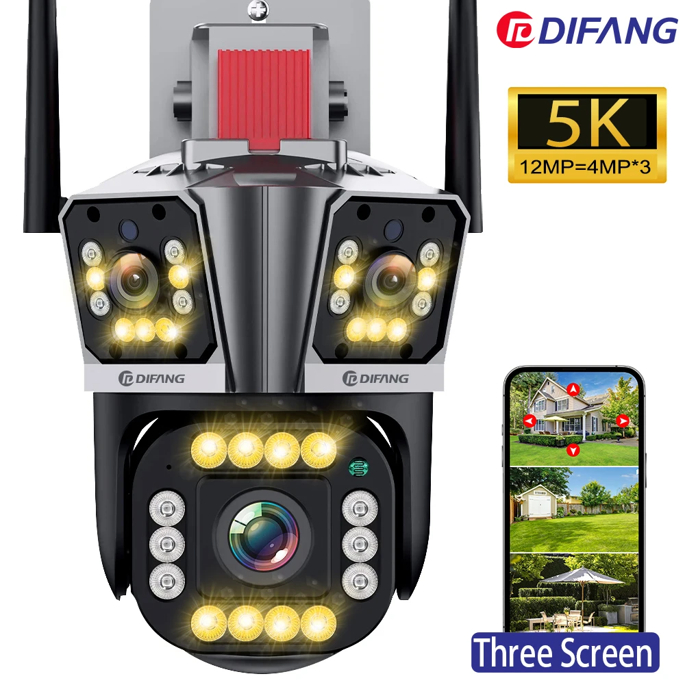 

5K 12MP WiFi Surveillance Camera Outdoor Three Lens Three Screen Security Cam PTZ Ai Track 2K CCTV IP Video Monitor IPC360 Home