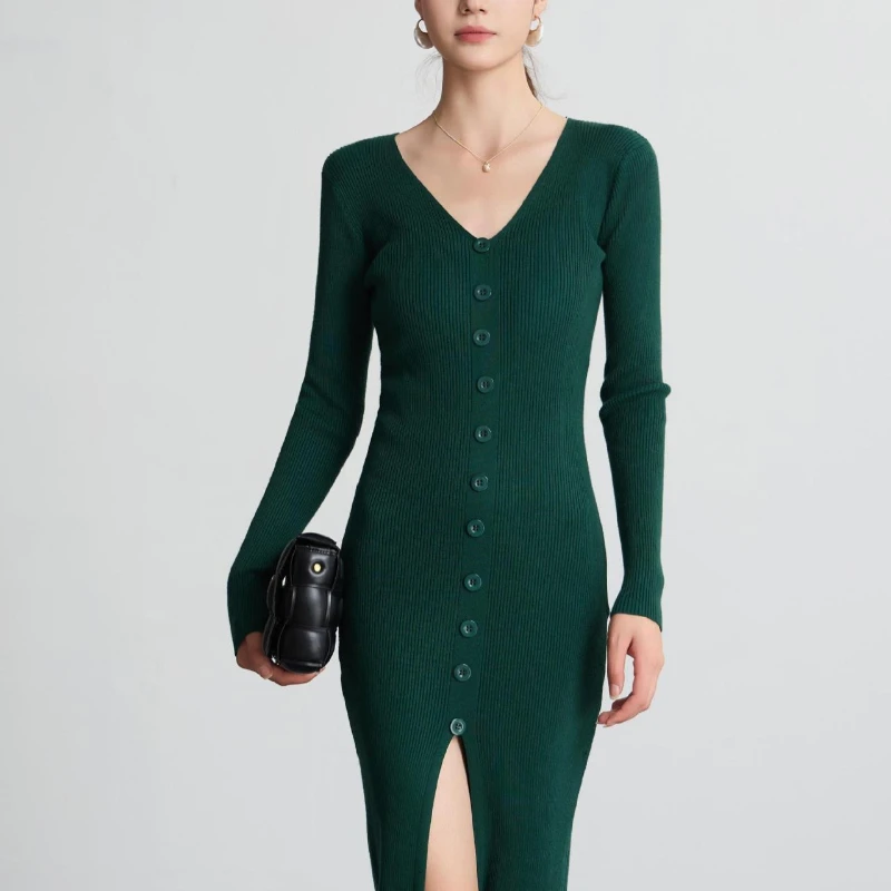 

Dress Women Long Dresses Wrap Hip Vestidos Streetwear V Neck Full Sleeve Elegant Splice Y2k Party Night Work Knitted 2025