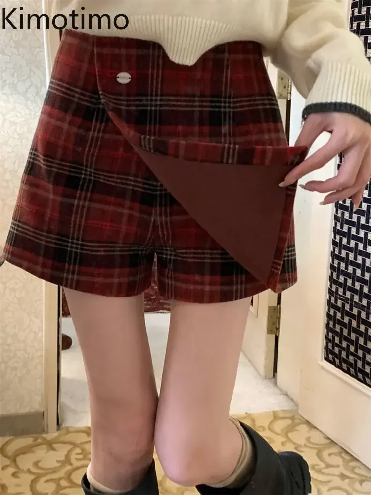 Kimotimo Christmas Red Plaid Woolen Skirt Women High Waist Irregular A Line Mini Skirts Autumn Winter Vintage Sweet Y2k Faldas