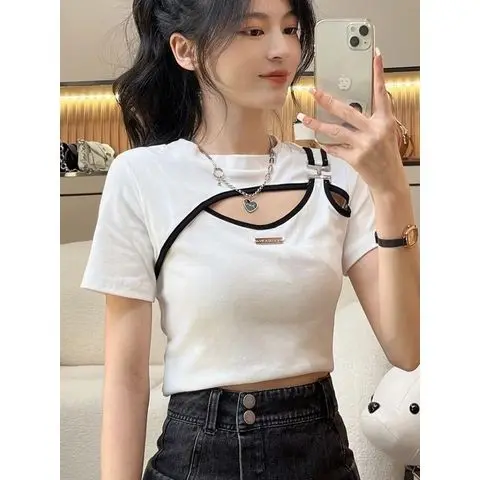 Summer White Openwork Short Sleeve T-shirt Female New Slim Short Top Summer 2023 High Waist Unique Special Large Size Top