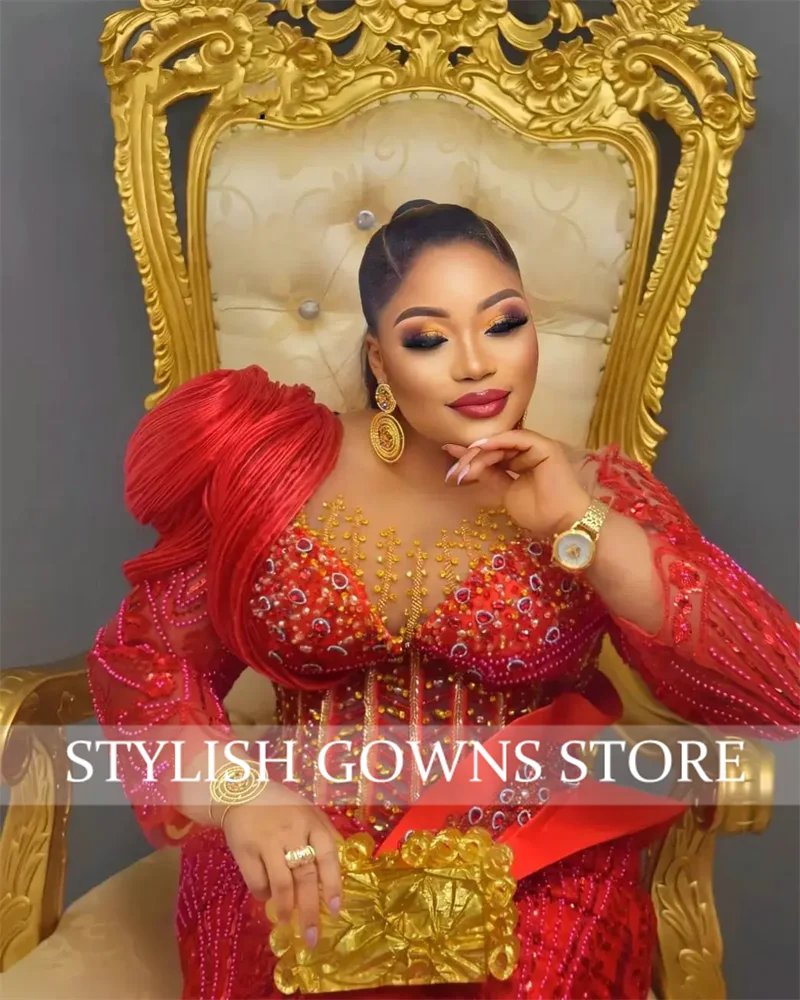 Vermelho mangas compridas sereia vestidos de noite preto meninas cristais frisado aso ebi africano recepção casamento vestidos festa personalizado