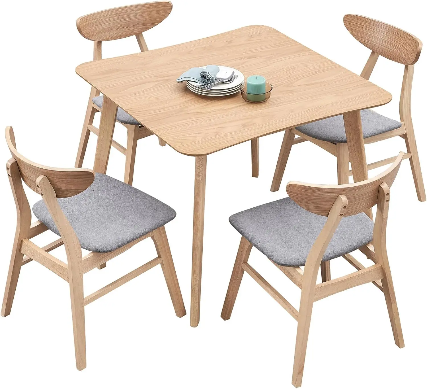 Wooden Dining Table Set With 4 Fabric Upholstered Chairs, Modern Simple Design, Space Saving, Oak