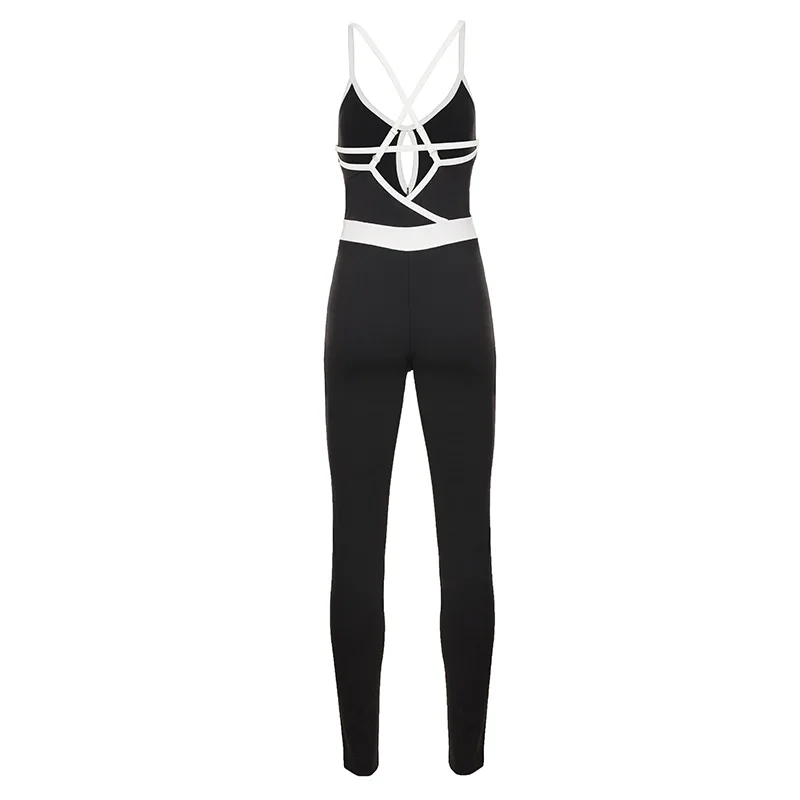 street style yoga slimming patchwork contrasting color backless fitness jumpsuit