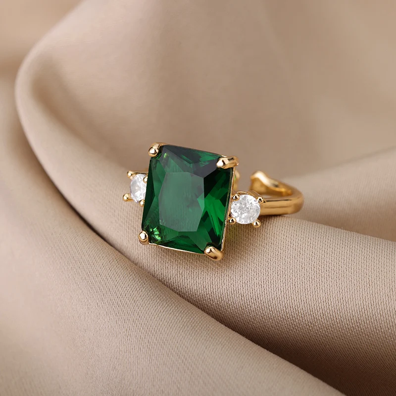 New Green Retro Zircon Open Ring For Women Simple Square Stone Geometric Adjustable Ring Engagement Wedding Jewelry Bijoux Femme