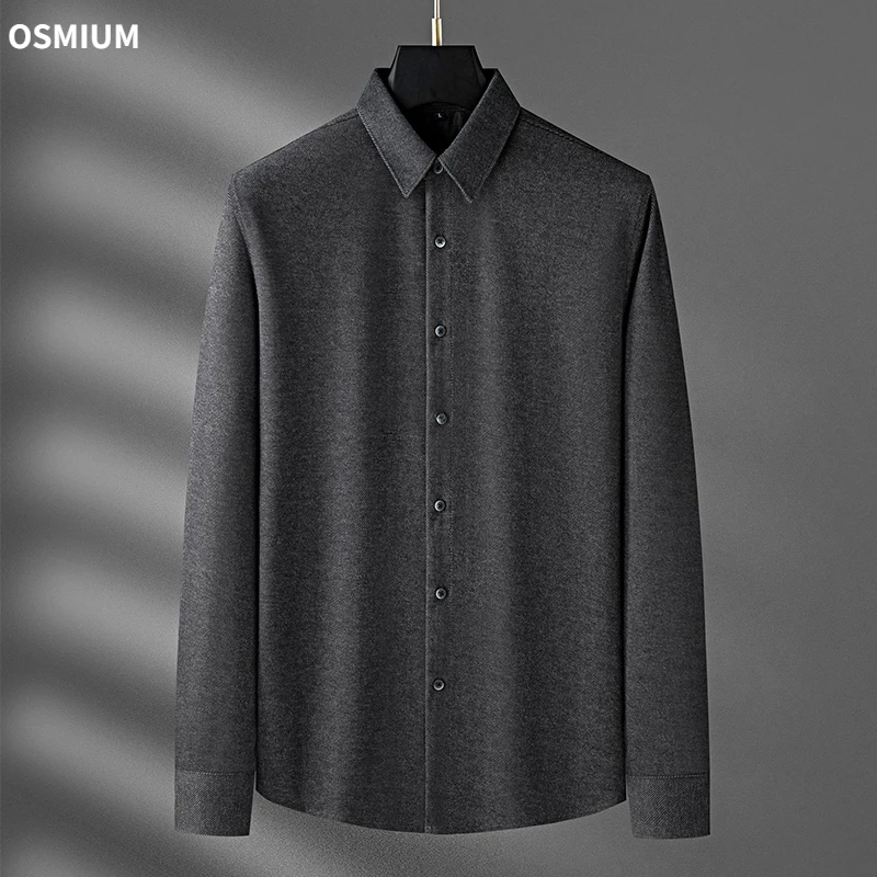 Men Winter High-end Khaki Thick Warm Woolen Long Sleeve Shirt Male Slim Casual Business Anti-wrinkle Grey Button Shirt Plus Size