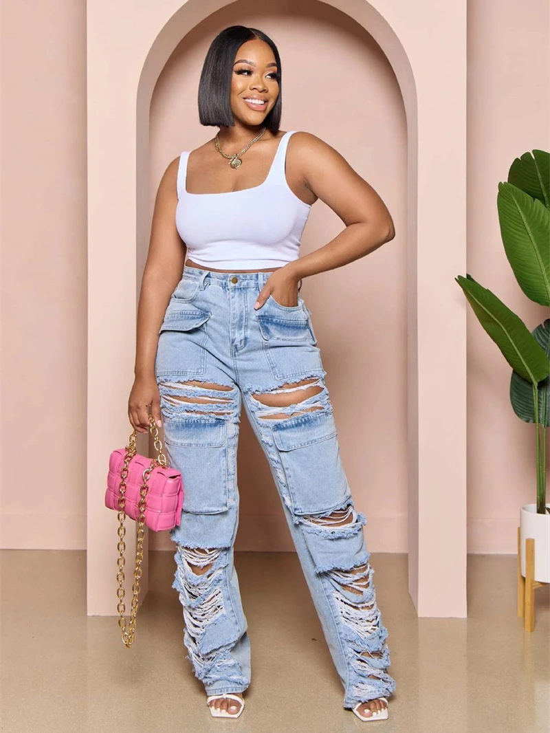 

Streetwear Ripped Denim Pants Summer Clothing Women High Waist Hollow Out Jeans Trousers Fashion Casual Denim Trouser Jean Pants