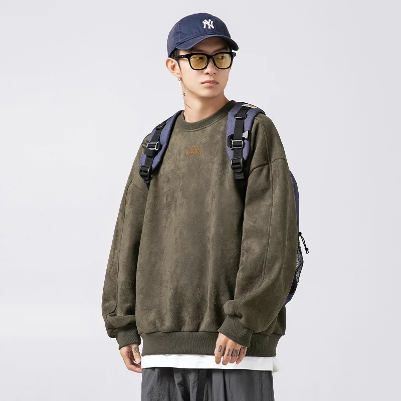 2025 Men's Suede Sweatshirt Heavyweight Retro Split Design Embroidered Streetwear Core Round Neck Spring Urban Aesthetic Top