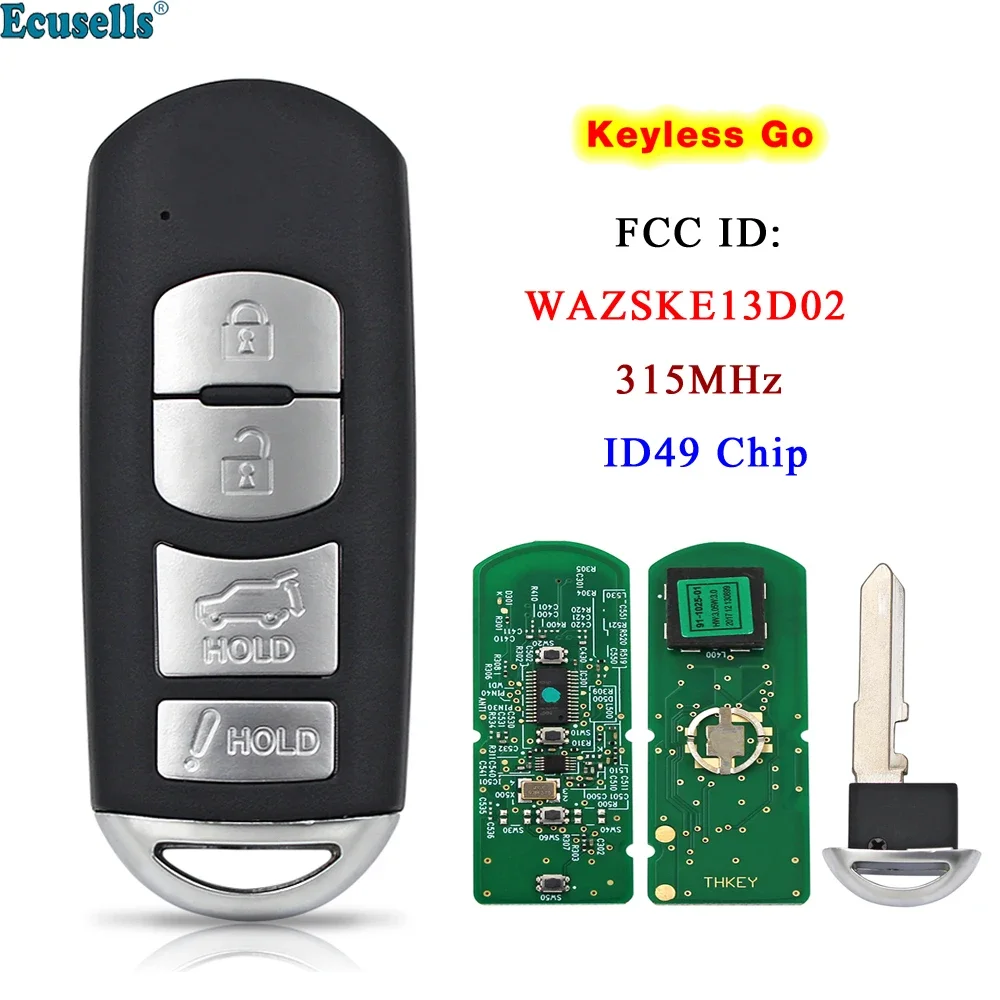 Ecusells 4 Buttons Smart Remote Key Keyless Go 315mhz for Mazda CX-5 CX-9 W/ Power Liftgate FCC WAZSKE13D01 WAZSKE13D02 Uncut