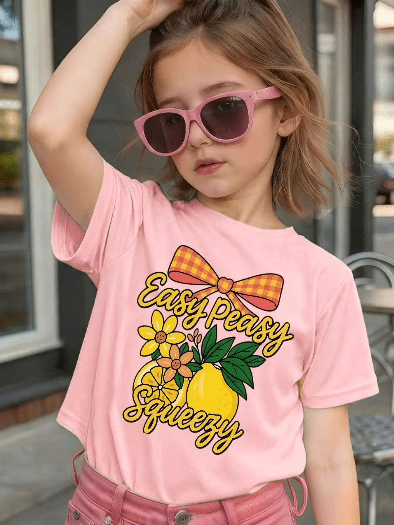 Plaid Bow Lemon Floral Letter Print Kids T Shirt Boys Girls Family Match Cotton Short Sleeve Summer Children Casual Basic Wear