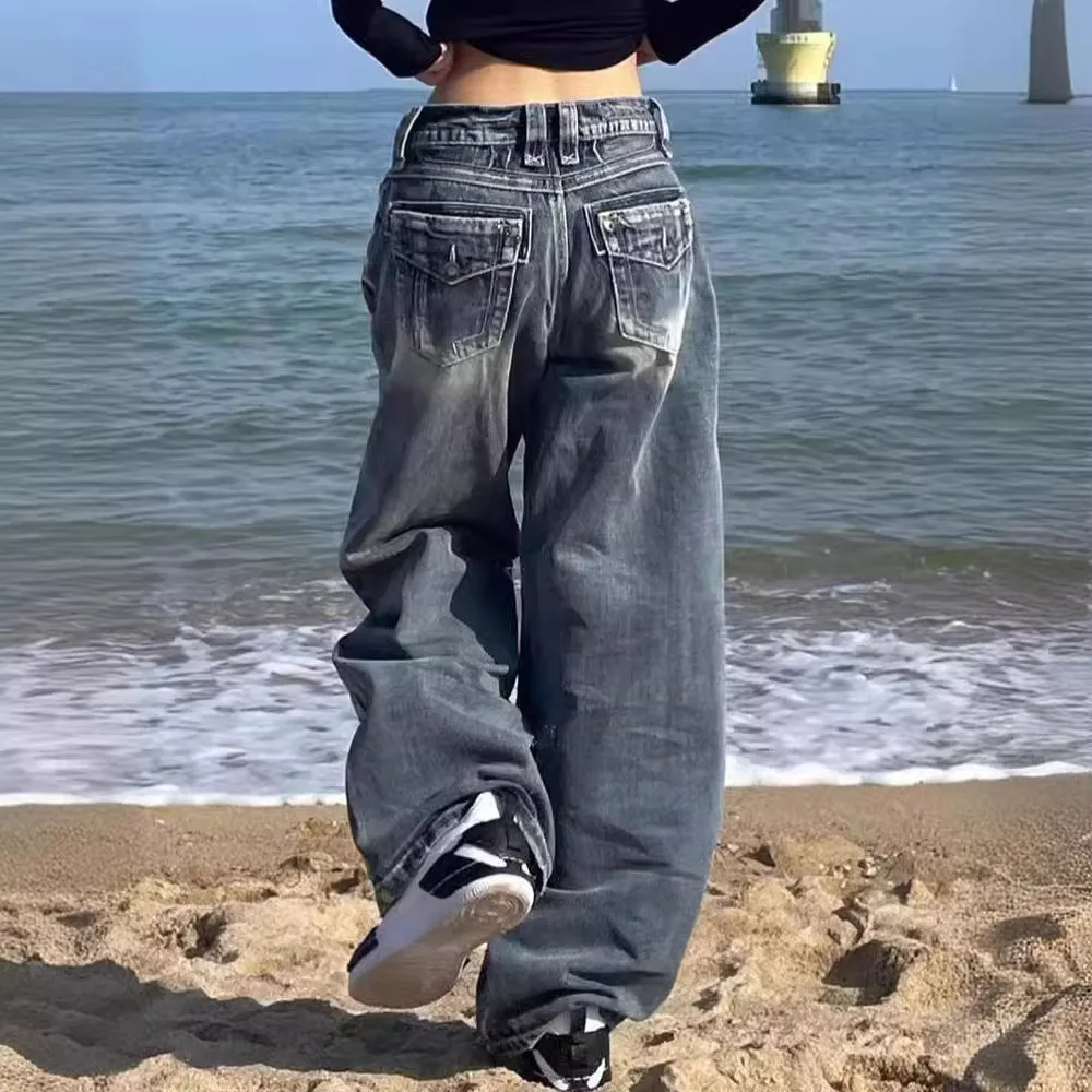 

Y2K Американские уличные джинсы в стиле ретро, женские широкие брюки, свободные брюки длиной до пола, повседневные хлопковые брюки с высокой талией на молнии