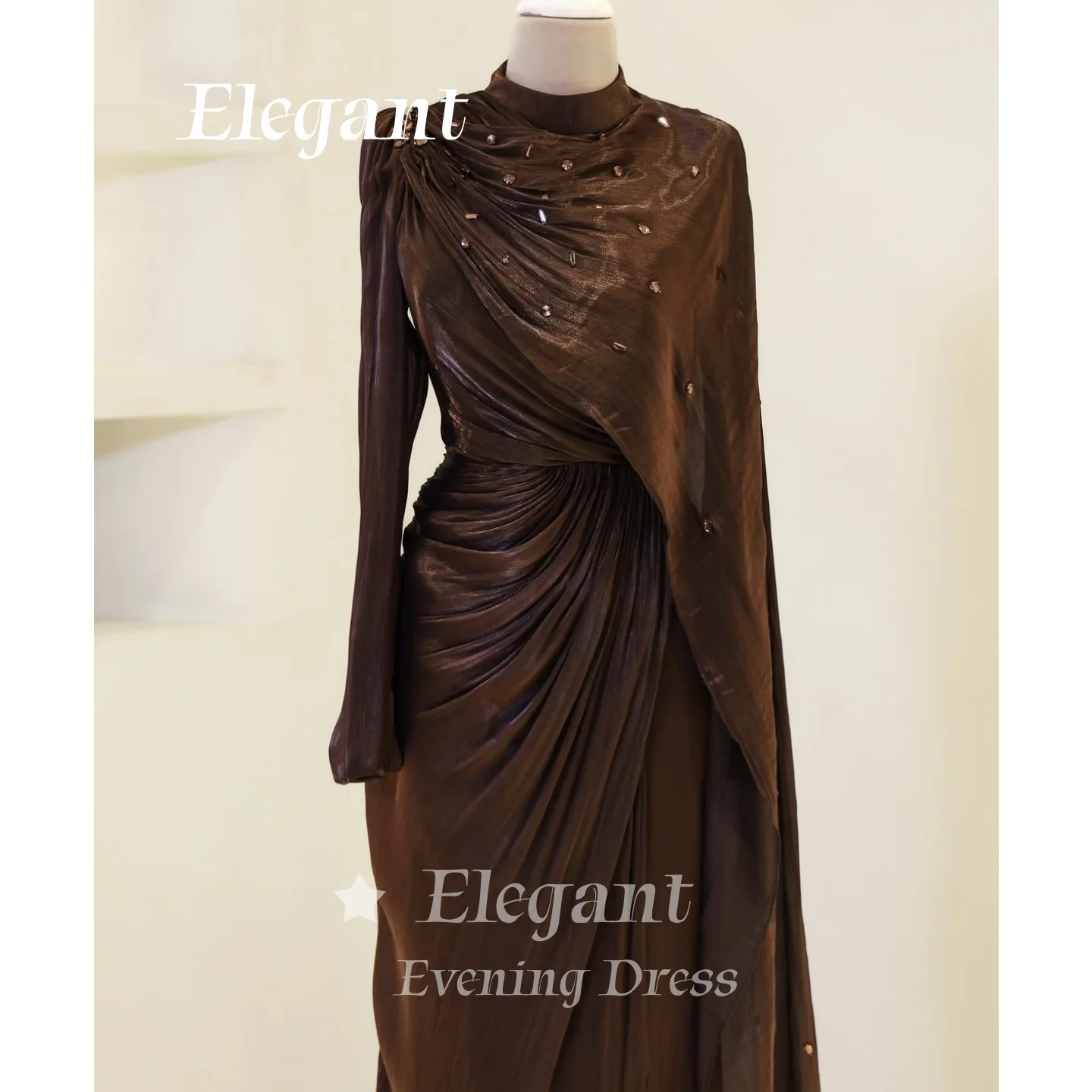 Metallic Shimmer Crinkle Chiffon Modest Evening Dress High Neck Prom Dress Draped Cape Ruched Waist Wedding Dresses Customized