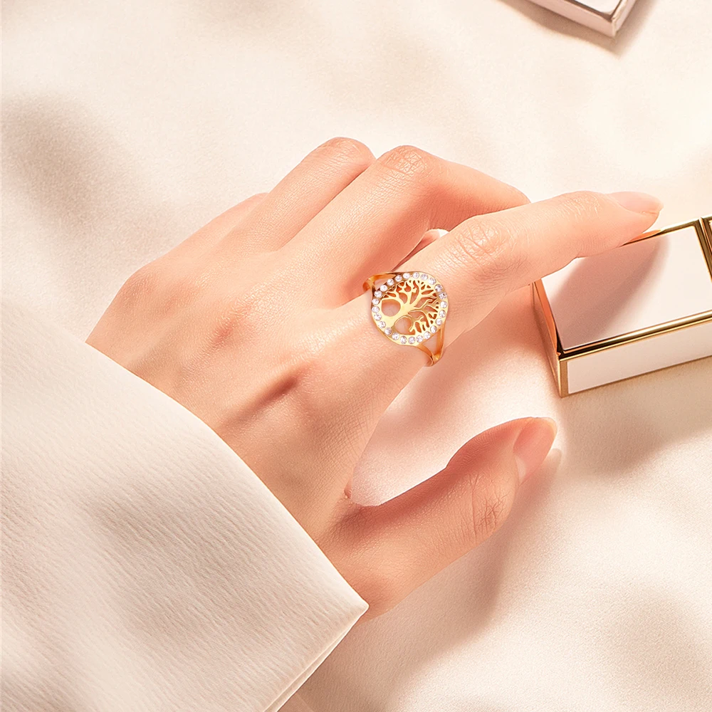 Dawapara Baum des Lebens Damen Ring Klarer Zirkon Verstellbarer Ring Yggdrasil Stammbaum Paar Schmuck Edelstahl Ehering – Detail 6