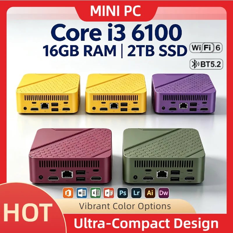 Intel Core i3 6100 Mini PC 16GB RAM 2TB M.2 NVMe SSD Triple 4K Display WiFi6 BT5.2 High Performance Home Office Pro Ultra