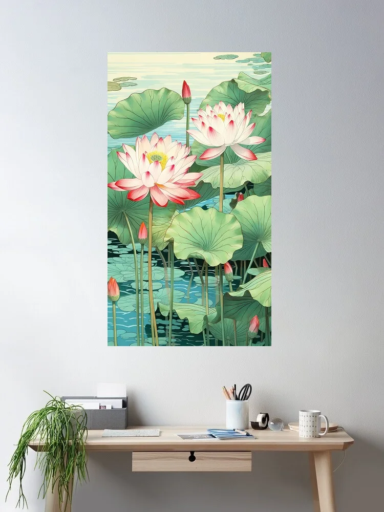 Traditional japanese lotus buddha painting, Print Art Canvas Poster, For Living Room Decor, Home Wall Picture