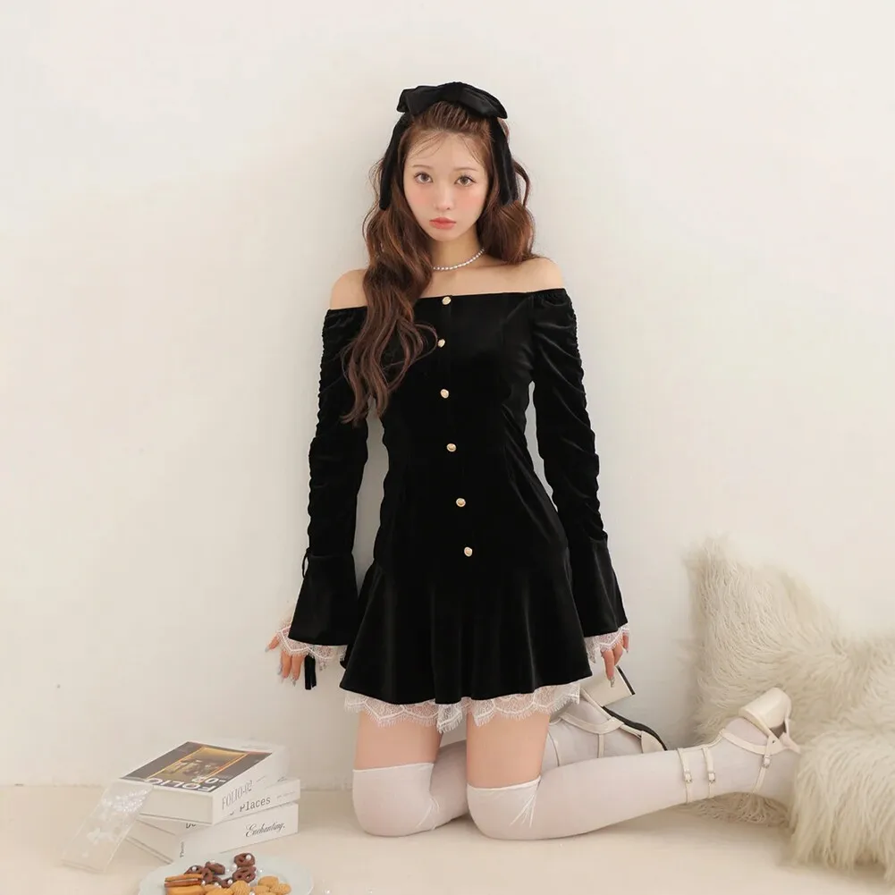 Women Off Shoulder Black Velvet Mini Dress Drawstring Flare Sleeve Lace Ruffle Hem Button Front Vintage Gothic Short Dresses
