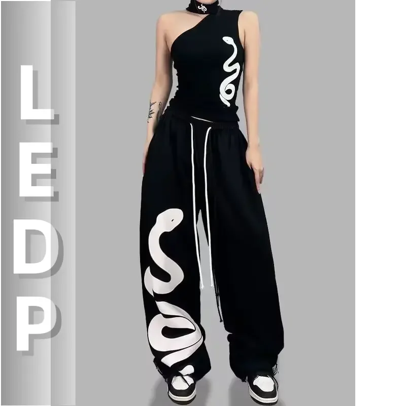 IMU Y2K Street Dance Women's Black hip-hop loose waist large print graffiti sweatpants street jazz dance pants
