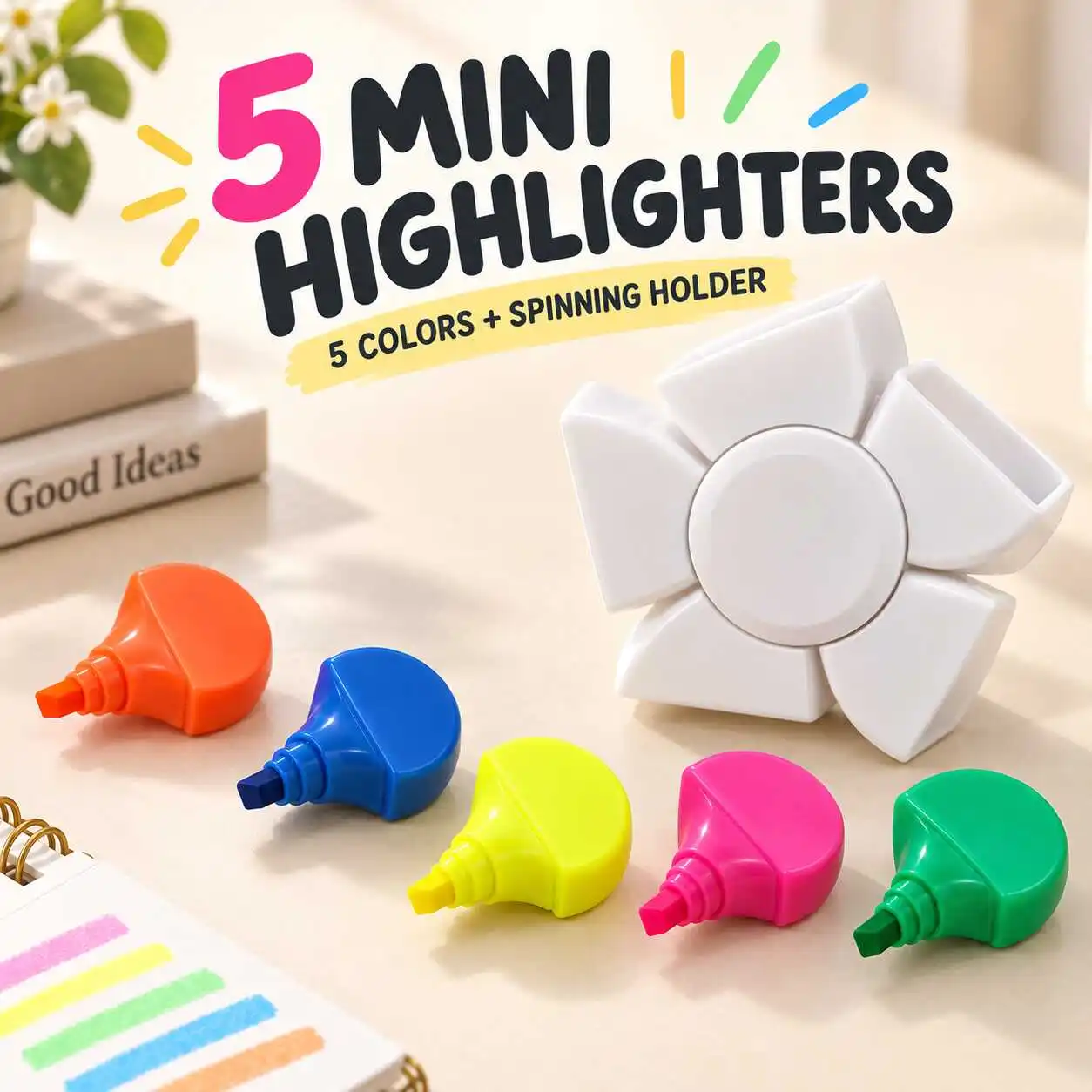5 Color Detachable Mini Highlighter Markers with White Spinning Storage Holder Pink Green Blue Yellow Orange Set