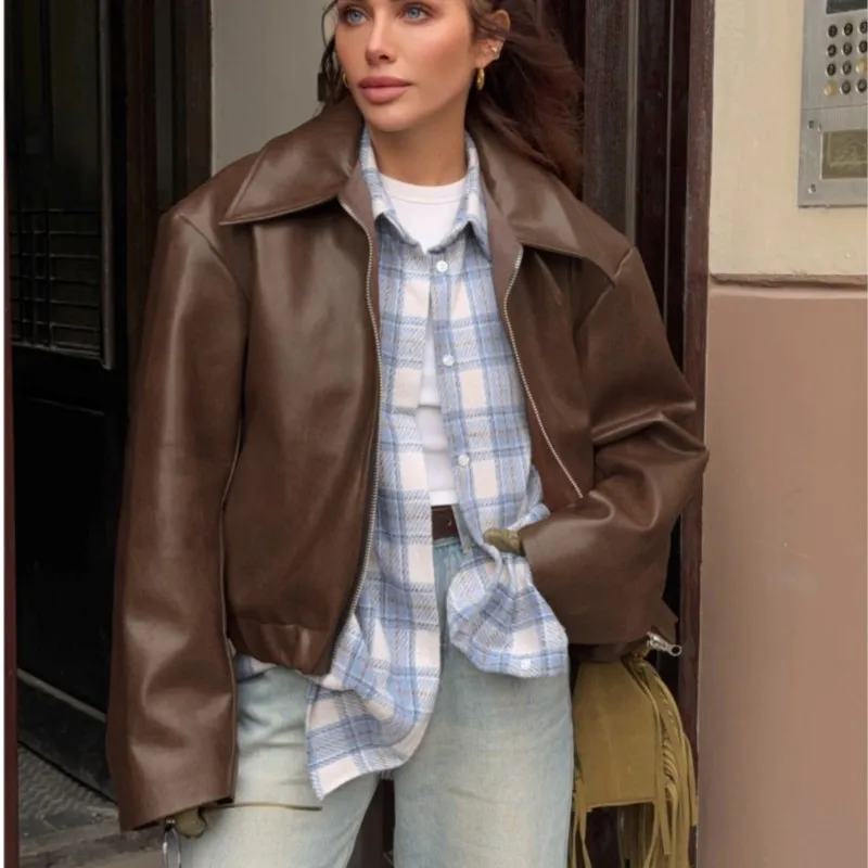 Fashion Leather Bomber Jackets For Women 2025 Autumn Winter Jackets With Zipper Ruched Demi-season Jacket Female Streetwear Coat