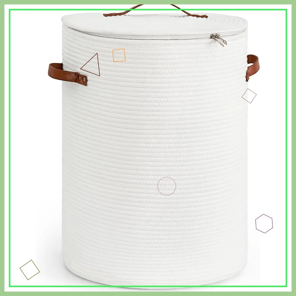 

Tall Laundry Basket with Lid, Cotton Rope Storage Hamper for Nursery, Bedroom, 15x20 inches