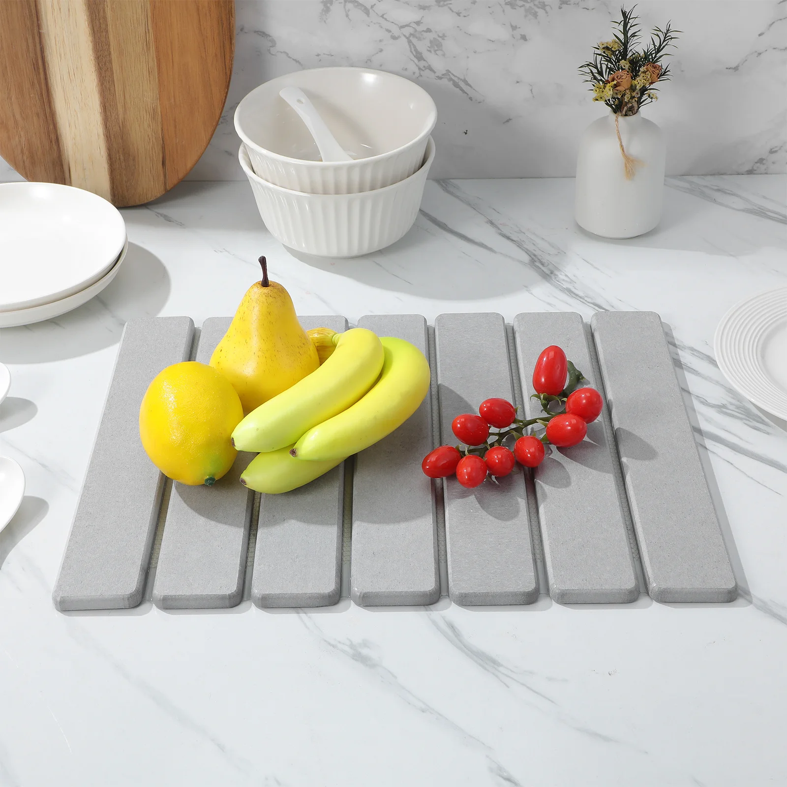 

Kitchen Drying Mat - Fast Dry Absorbent Diatom Stone - Space Saving Foldable Design for Counter Dish Bowl Drying Organizer