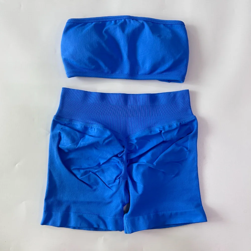 2-teiliges Yoga-Set für Damen, Rückenfreier Bandeau-Sport-BH, Scrunch-Shorts, Yoga-Bekleidung, Trainingskleidung, Outfits, Fitness-Set – Detail 17