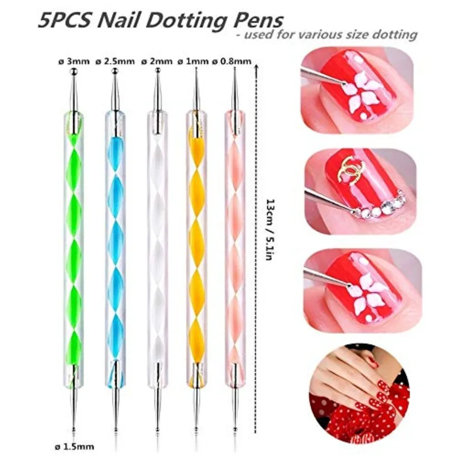 5PCS Dotting Pens with 3 PCS Nail Painting Brushes Double Ended Brush and Dotting Tool Kit Nail Art Design Tools