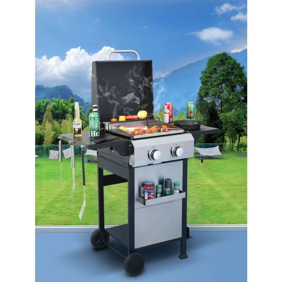 

2Burner Propane Gas BBQ Grill SS Plancha 24600BTU Output With Wire Enamel Cooking Grids For Outdoor Barbecue Foldable Side Tabl