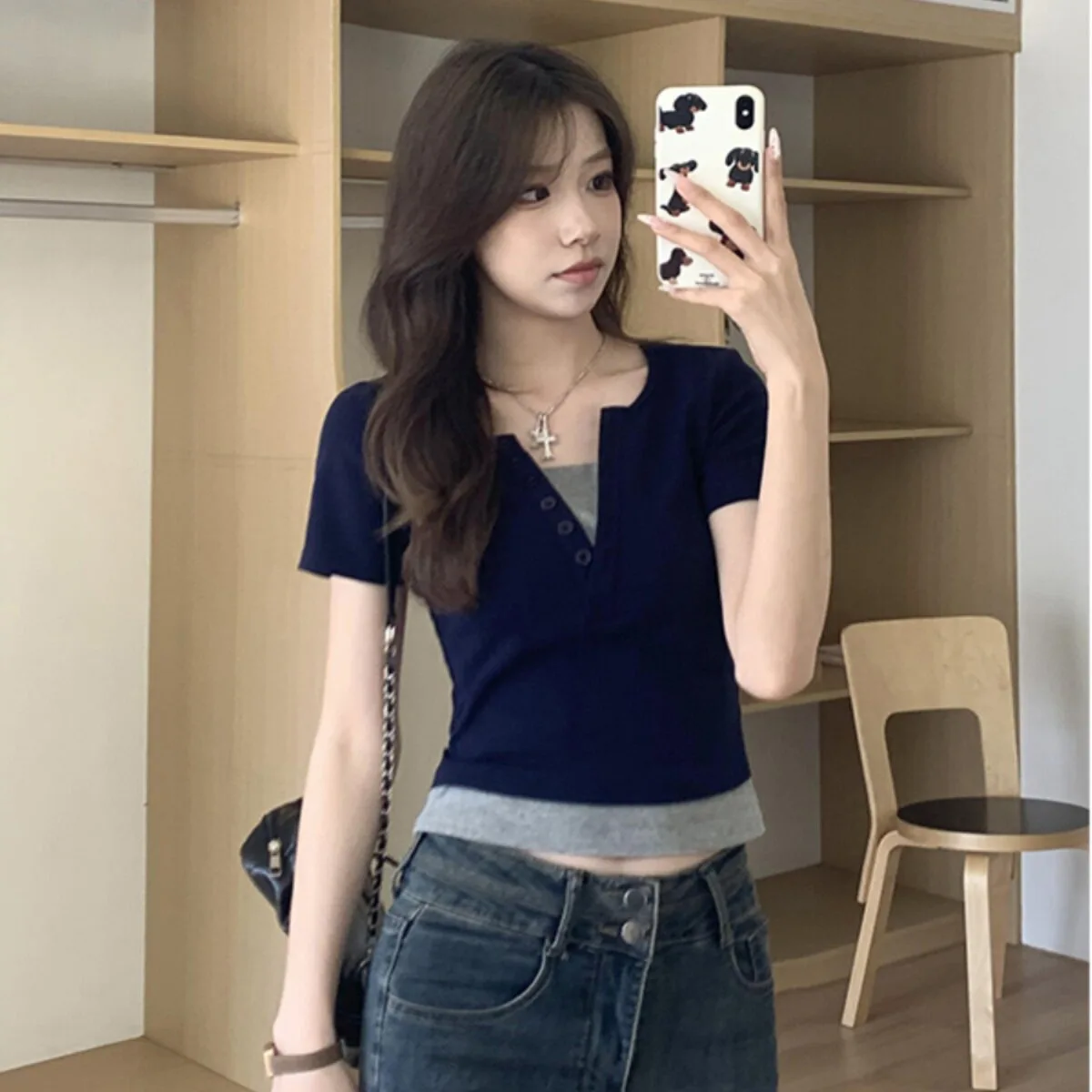 V-neck False Two-Piece Kpop T-shirts Women Sexy Korean Fashion Crop Tops Slim Vintage Y2K Tees Shirts Cheap Clothes Woman Tshirt