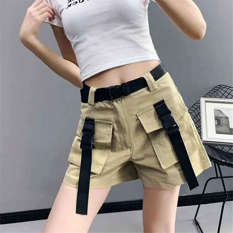 MEXZT Cargo Shorts Women Harajuku Streetwear High Waist Pockets Belt Wide Leg Shorts Korean Loose All Match Casual Short Pants