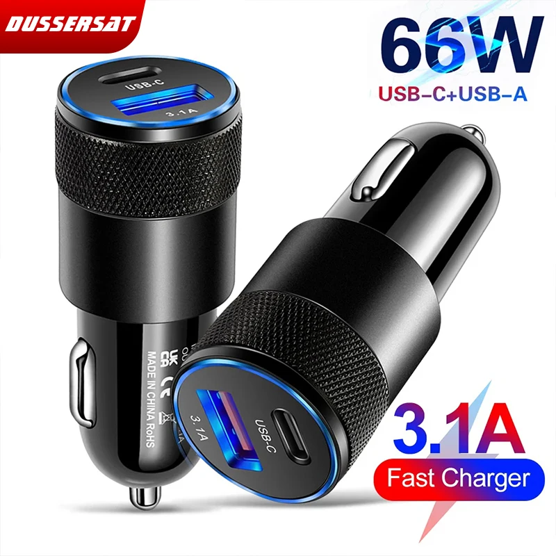 66W USB Car Charger Type C Fast Charging Phone Adapter For Xiaomi Huawei PD Phone Charger Car Adapter Socket Cigarette Lighter